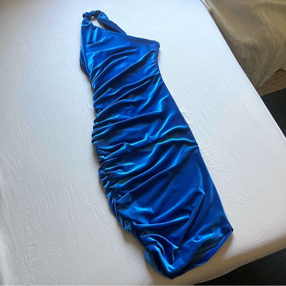 NWOT ALIX NYC blue knit modal velvet ruched bodycon asymmetrical one shoulder
